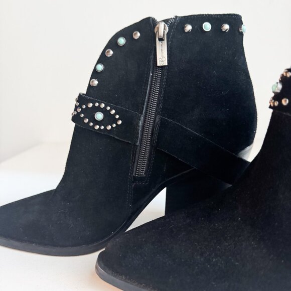 Jessica Simpson Black Suede Silver tone Buckle  Stud Detail Pointy Toe Booties 8 - Picture 4 of 9